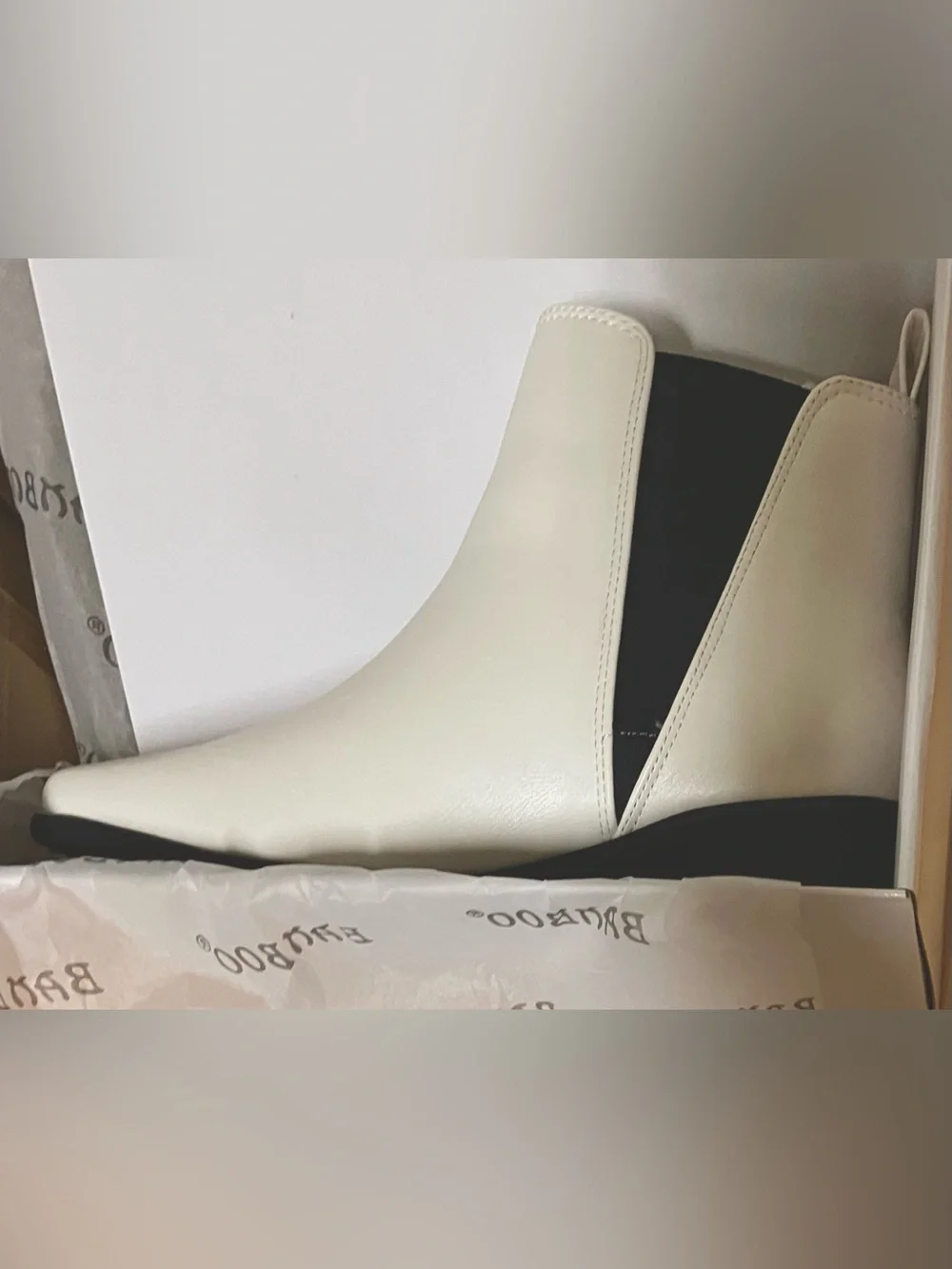 BAMBOO Cream Chelsea Ankle Boots with Black Elastic Panels